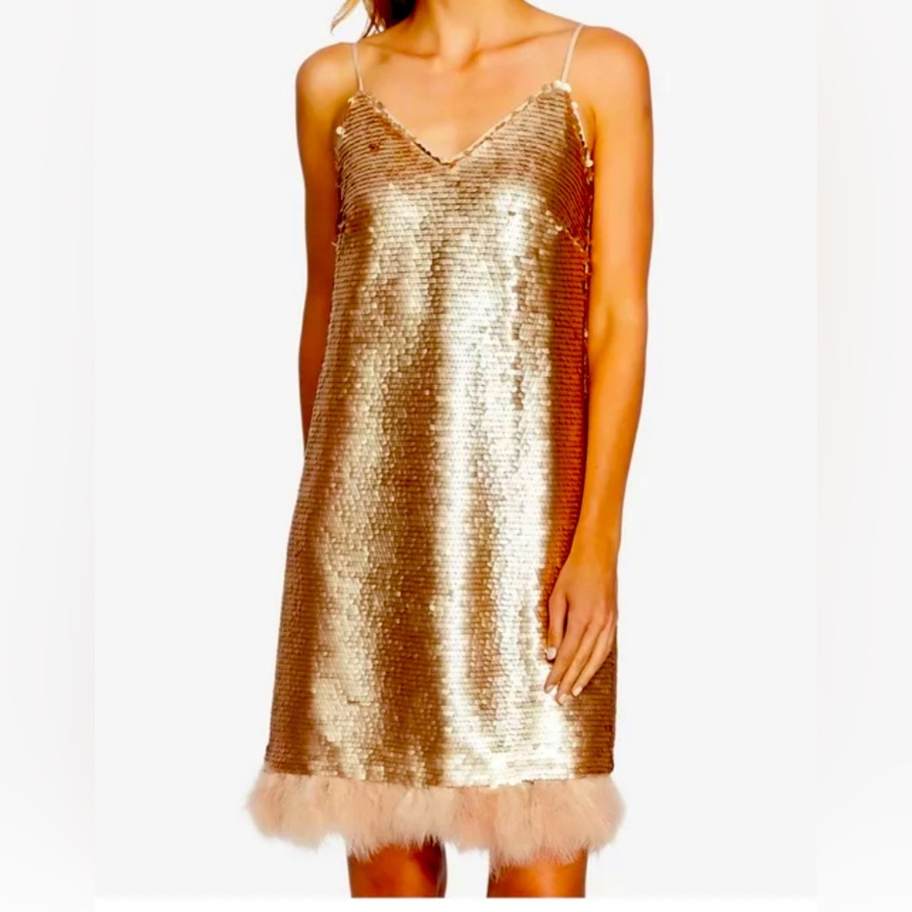 NWT CeCe gold sequin dress with feather trim, size 10